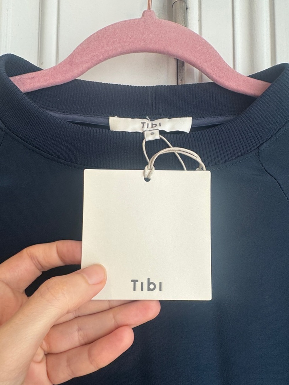 Tibi Ruched Bubble Hem Navy Crewneck Pullover Sweatshirt - Picture 3 of 3